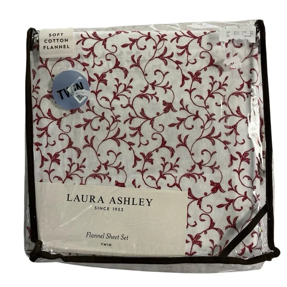 Laura‎ Ashley Flannel Sheet Set Twin Cotton Anna Scroll White Red All Over Print